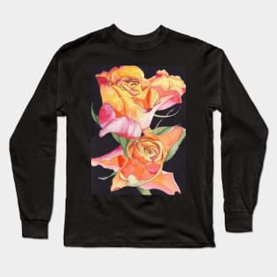 Pink and Yellow Roses watercolour painting with a dark background. Long Sleeve T-Shirt